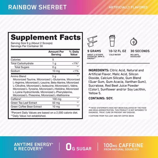 Optimum Nutrition ESSENTIAL AMIN.O. ENERGY® *new* Rainbow Sherbet - Notify Me 0.6 lb - Notify me Indonesia | 34189-MXED