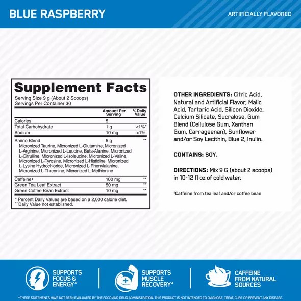 Optimum Nutrition ESSENTIAL AMIN.O. ENERGY® Blue Raspberry 0.6 lb (30 Servings) Indonesia | 59841-AEHB