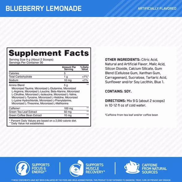 Optimum Nutrition ESSENTIAL AMIN.O. ENERGY® Blueberry Lemonade 0.6 lb (30 Servings) Indonesia | 65304-MFCP