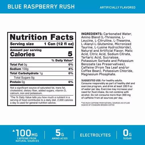 Optimum Nutrition ESSENTIAL AMIN.O. ENERGY+ Electrolytes Sparkling *new* Blue Raspberry Rush 355ml * 12 Cans (12 Servings) Indonesia | 94037-AOUW