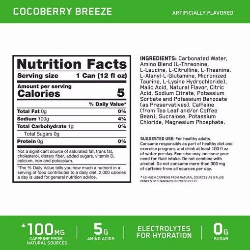 Optimum Nutrition ESSENTIAL AMIN.O. ENERGY+ Electrolytes Sparkling *new* Cocoberry Breeze 355ml * 12 Cans (12 Servings) Indonesia | 05213-ZDIV