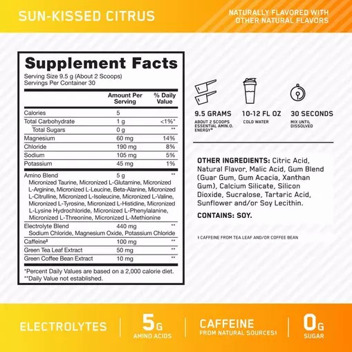 Optimum Nutrition Essential AMIN.O. ENERGY + Electrolytes *new* Sun-kissed Citrus 0.63 lb (30 Servings) Indonesia | 63875-XBAF