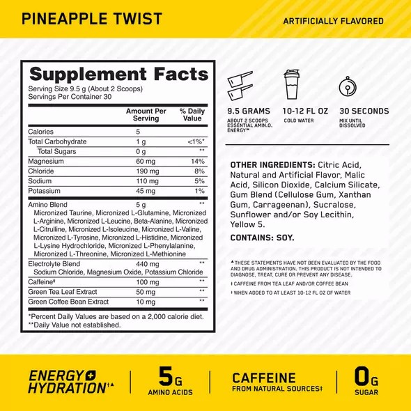 Optimum Nutrition Essential AMIN.O. ENERGY + Electrolytes Pineapple Twist 0.63 lb (30 Servings) Indonesia | 32079-KEDH