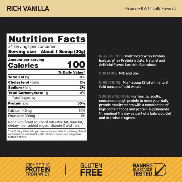 Optimum Nutrition GOLD STANDARD® 100% Isolate Rich Vanilla 2.91 lb (44 Servings) Indonesia | 59736-KAIC