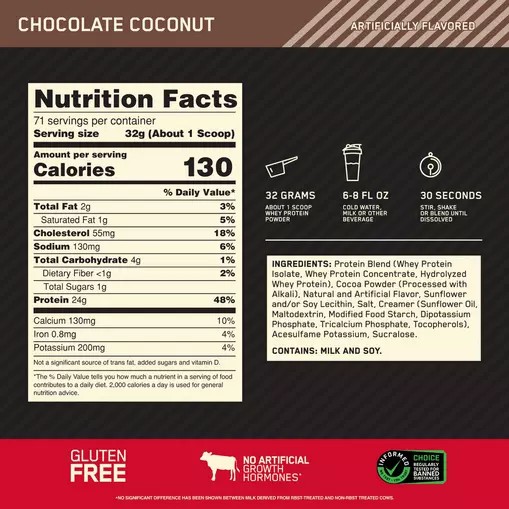 Optimum Nutrition GOLD STANDARD 100% WHEY™ Chocolate Coconut 5 lb (71 Servings) Indonesia | 56138-XHJS