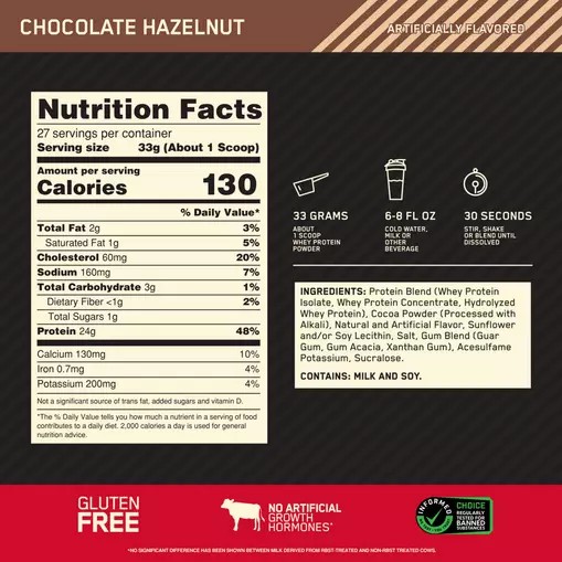 Optimum Nutrition GOLD STANDARD 100% WHEY™ Chocolate Hazelnut 2 lb (27 Servings) Indonesia | 48379-GCDR