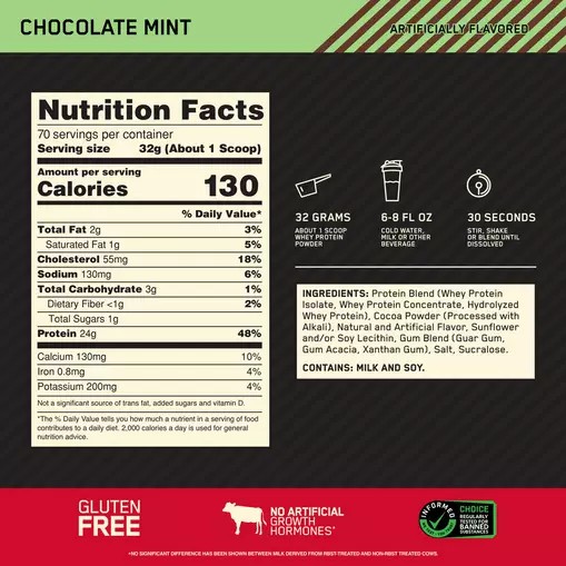 Optimum Nutrition GOLD STANDARD 100% WHEY™ Chocolate Mint 5 lb (70 Servings) Indonesia | 43062-ZMPT