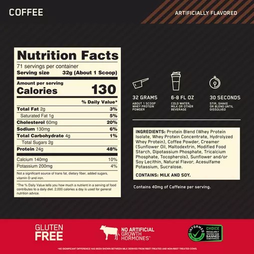 Optimum Nutrition GOLD STANDARD 100% WHEY™ Coffee 5 lb (71 Servings) Indonesia | 30465-ESFL