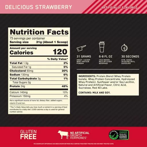 Optimum Nutrition GOLD STANDARD 100% WHEY™ Delicious Strawberry 5 lb (73 Servings) Indonesia | 86520-KYEF