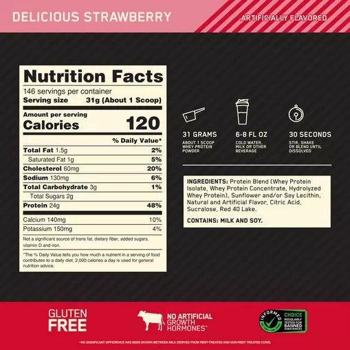 Optimum Nutrition GOLD STANDARD 100% WHEY™ Delicious Strawberry 10 lb (146 Servings) Indonesia | 63125-YJSR