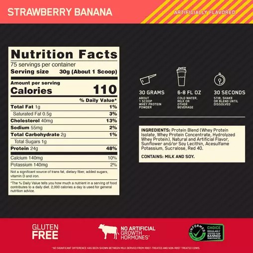 Optimum Nutrition GOLD STANDARD 100% WHEY™ Strawberry Banana 5 lb (75 Servings) Indonesia | 91306-TEUR