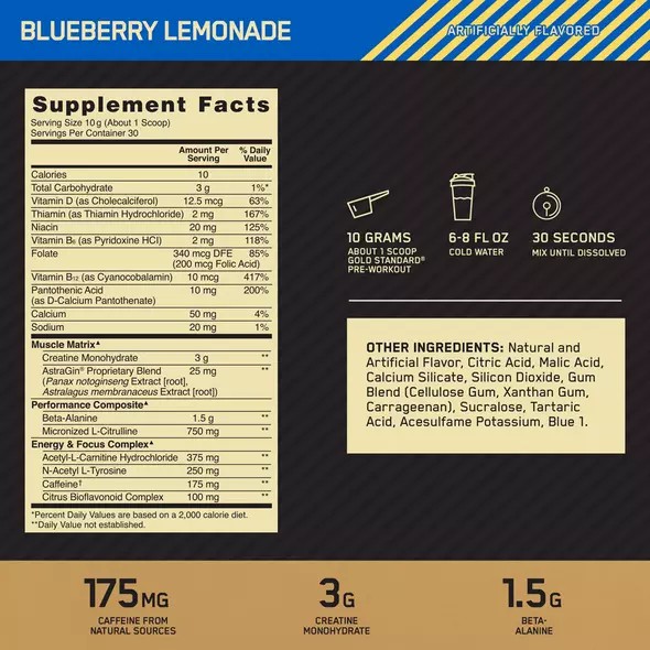 Optimum Nutrition GOLD STANDARD® Pre-Workout Blueberry Lemonade 0.66 lb (30 Servings) Indonesia | 62753-JKFG