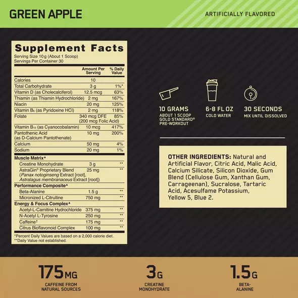 Optimum Nutrition GOLD STANDARD® Pre-Workout Green Apple 0.66 lb (30 Servings) Indonesia | 42187-OLPR