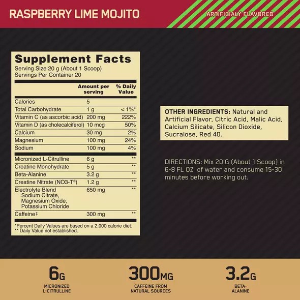 Optimum Nutrition GOLD STANDARD® Pre Advanced Raspberry Lime Mojito 0.88 lb (20 Servings) Indonesia | 65781-RUGT