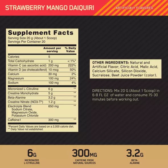 Optimum Nutrition GOLD STANDARD® Pre Advanced Strawberry Mango Daiquiri 0.88 lb (20 Servings) Indonesia | 90761-ORJM