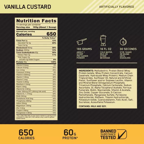 Optimum Nutrition GOLD STANDARD® Pro Gainer Vanilla Custard 5.09 lb (14 Servings) Indonesia | 27564-KYTL