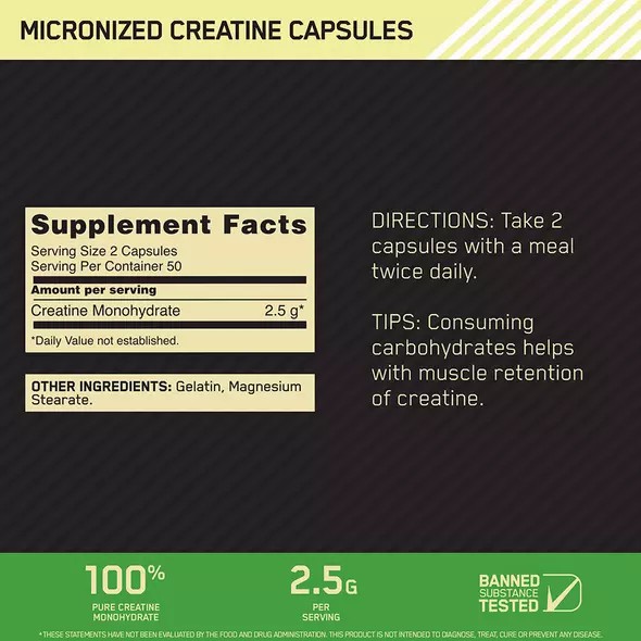 Optimum Nutrition Micronized Creatine Capsules 100 Capsules (50 Servings) Indonesia | 43952-UMRB