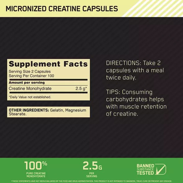 Optimum Nutrition Micronized Creatine Capsules 200 Capsules (100 Servings) Indonesia | 70528-XING