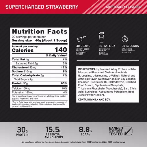 Optimum Nutrition PLATINUM HYDROWHEY™ Supercharged Strawberry 1.76 lb (20 Servings) Indonesia | 34720-UFCE