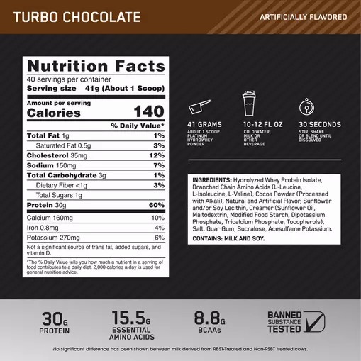 Optimum Nutrition PLATINUM HYDROWHEY™ Turbo Chocolate 3.61 lb (40 Servings) Indonesia | 54236-DYHZ