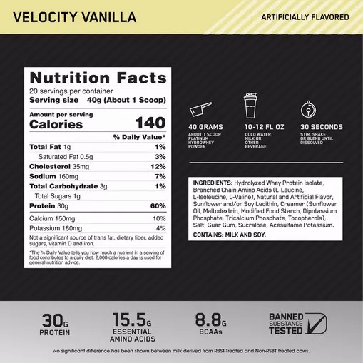 Optimum Nutrition PLATINUM HYDROWHEY™ Velocity Vanilla 1.76 lb (20 Servings) Indonesia | 28796-URWI