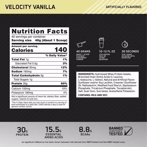 Optimum Nutrition PLATINUM HYDROWHEY™ Velocity Vanilla 3.52 lb (40 Servings) Indonesia | 61408-ANUT