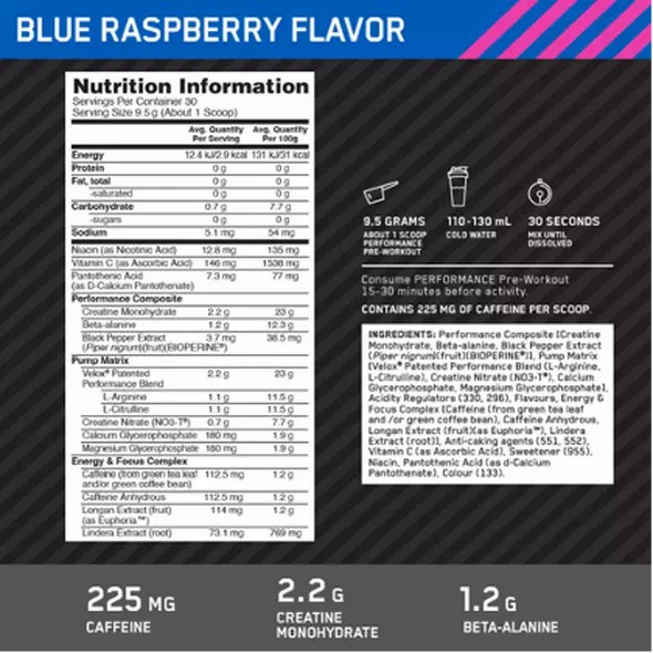 Optimum Nutrition Performance Pre-Workout Blue Raspberry 285g Indonesia | 30518-TLSW