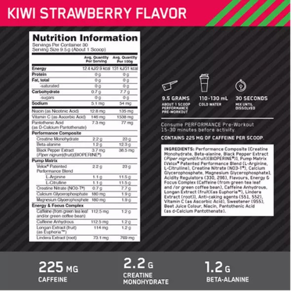 Optimum Nutrition Performance Pre-Workout Kiwi Strawberry 285g Indonesia | 78641-YEKA