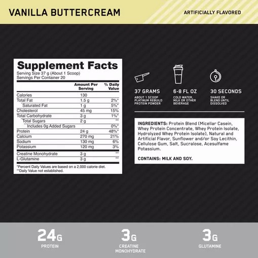 Optimum Nutrition Platinum Rebuild Vanilla Buttercream 1.63 lb (20 Servings) Indonesia | 63582-KOGJ