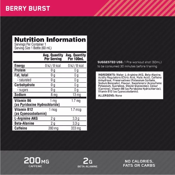 Optimum Nutrition Pure Pre 200 Pre-Workout Shot Berry 60ml (12 shots) Indonesia | 30147-QCWI