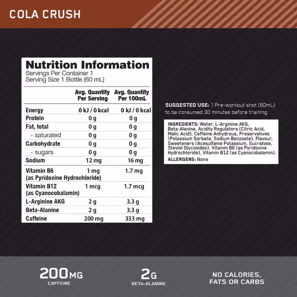 Optimum Nutrition Pure Pre 200 Pre-Workout Shot Cola 60ml (12 shots) Indonesia | 81256-IZYH