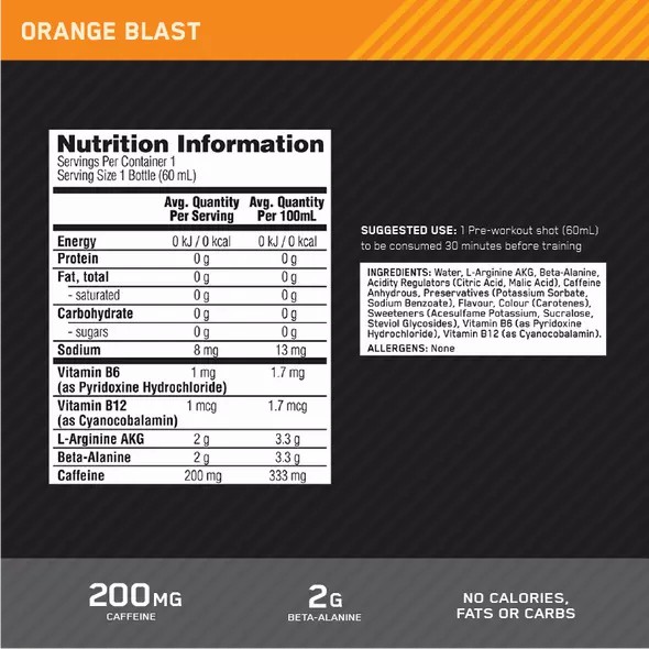 Optimum Nutrition Pure Pre 200 Pre-Workout Shot Orange 60ml (12 shots) Indonesia | 59236-EOTV