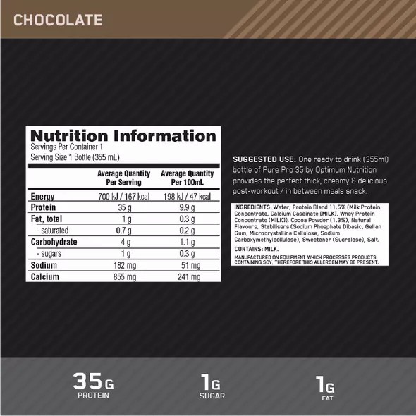 Optimum Nutrition Pure Pro 35 Chocolate 355ml (6 bottles) Indonesia | 94301-WPUI