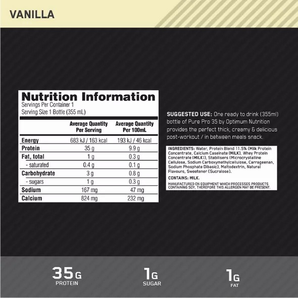 Optimum Nutrition Pure Pro 35 Vanilla 355ml (6 bottles) Indonesia | 85623-QRWE