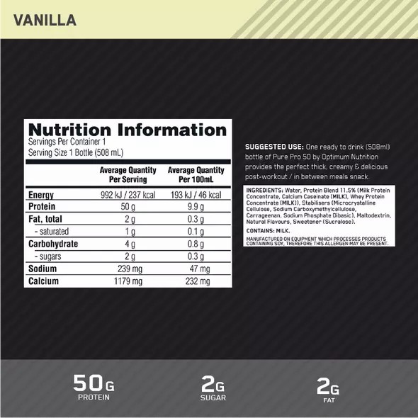 Optimum Nutrition Pure Pro 50 Vanilla 508ml (12 bottles) Indonesia | 83712-MYCL